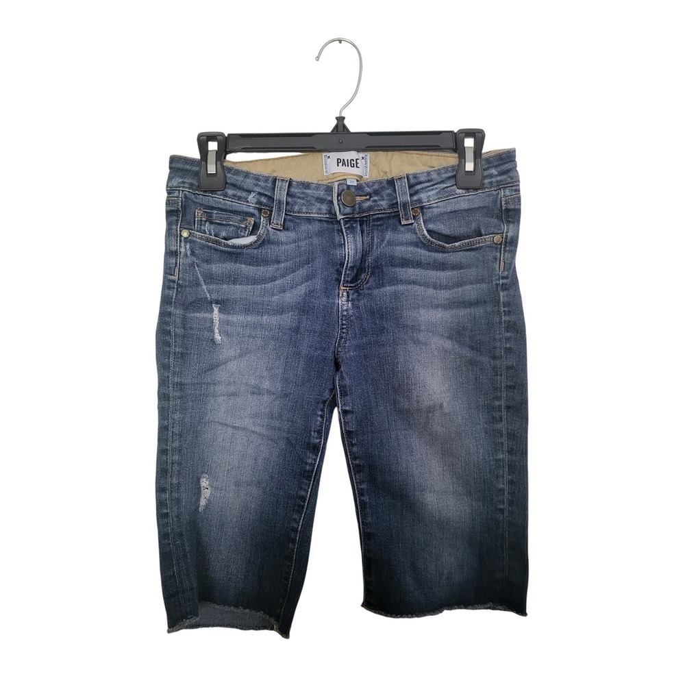 Paige Bermuda Shorts Womens 26 Blue Distressed Raw Hem Mid Rise Denim Jorts